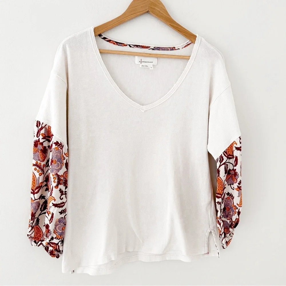 Anthropologie Waffle Knit Top Women's XS Cream Burgundy Floral Long Puff Sleeve
